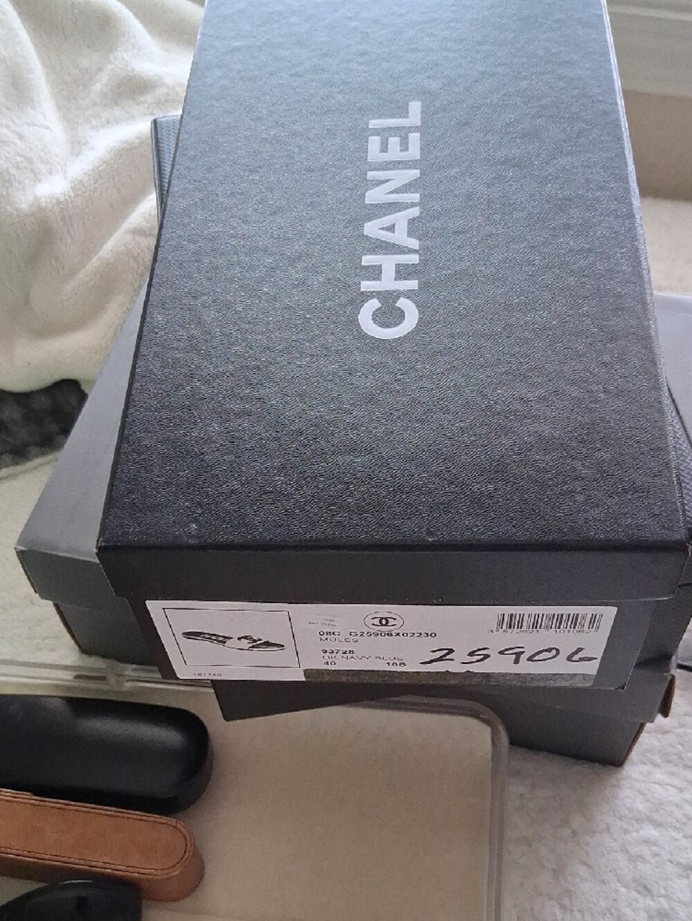 CHANEL Navy, Orange & Blue Logo Slide Sandals - Picture 6 of 6
